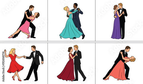 Elegant Ballroom Dance Couples Vector Illustration Set Featuring Waltz, Tango and Romantic Partner Dancing Poses in Formal Attire