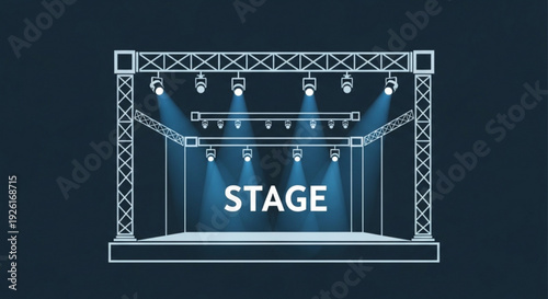 Concert stage with spotlights shining down on performance area with metal truss and rigging system