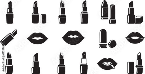 Assorted lipstick tubes and lip shapes in black and white isolated on transparent background, Vector
