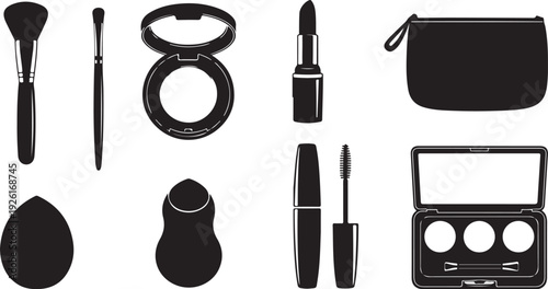A collection of makeup brushes, tools, and cosmetics arranged neatly on a white background. isolated on transparent background, Vector