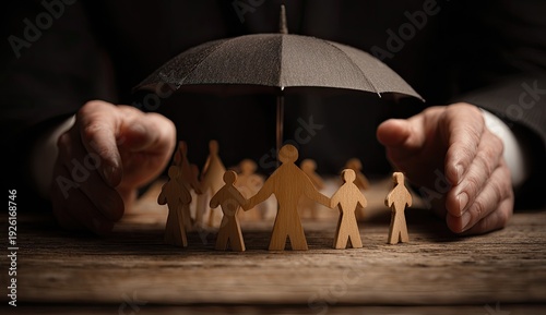 Family Protection Under Umbrella Held by Hands.