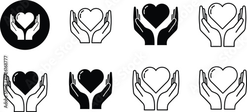Hand heart icon set. Includes 8 hand heart icons. Created in line style with black and white palette.
