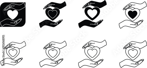 Heart care icon set. Includes heart, hand, charity, donation, love, support, and protection symbols. Created in line style with black and white palette
