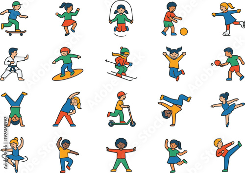 Active Kids Playing Sports and Performing Activities Vector Illustration Set Featuring Skateboarding, Karate, Dancing, Skating and Outdoor Games
