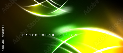 Abstract neon lines create vibrant background. Green, yellow hues dominate design, suggesting energy, motion. Smooth curves intersect.
