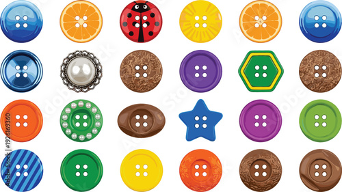 Colorful Sewing Buttons Collection Vector Illustration Featuring Round, Star and Hexagon Shapes with Decorative Textures and Patterns