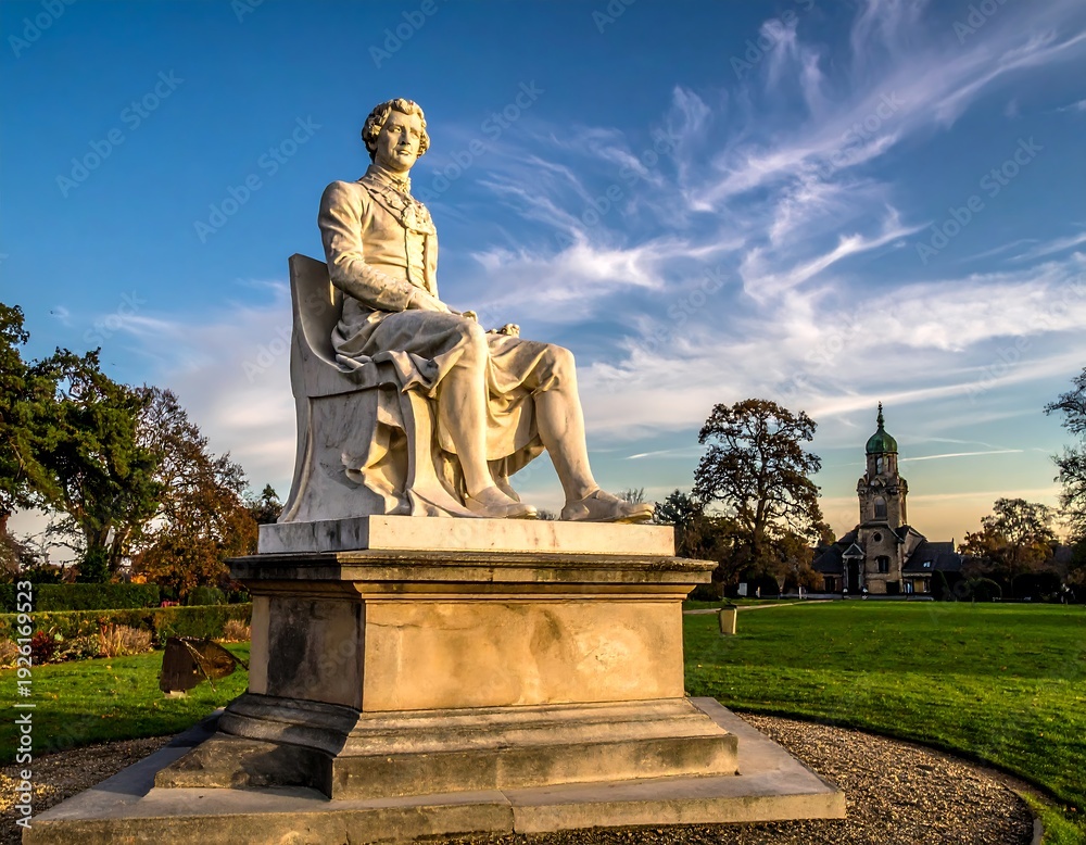 Obraz premium A large stone statue of a man sitting on a pedestal in a park