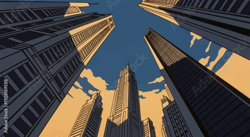 A dramatic low angle view of tall modern skyscrapers reaching toward sky clean perspective minimal vector illustration flat design uncluttered composition