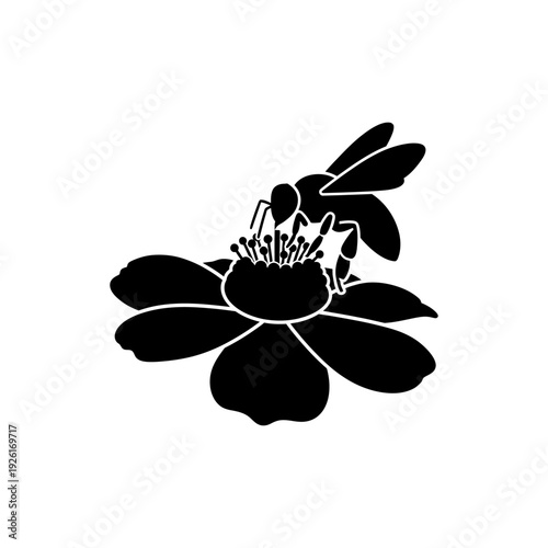 flat illustration silhouette of bee pollinating flower, black solid shape, clean simple design