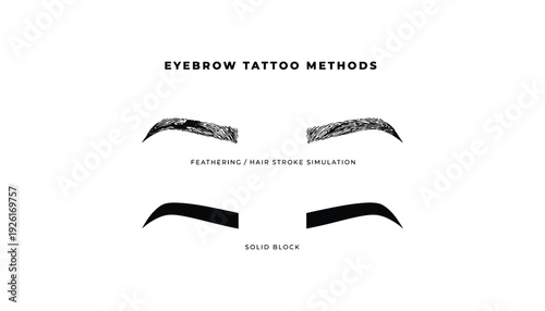 Eyebrow tattoo methods illustration with powder fill, feathering and solid block