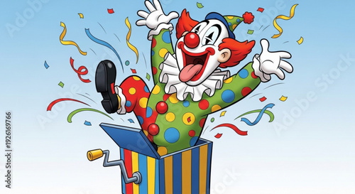 Jolly clown emerging from colorful box with confetti and streamers on blue background celebrating surprise party