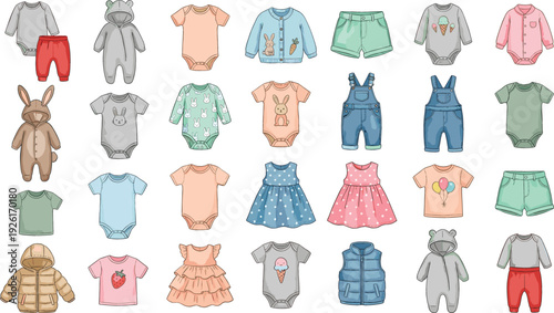 Cute Baby Clothes Collection Vector Illustration Featuring Bodysuits, Dresses, Overalls, Jackets and Kids Apparel Set Isolated on White Background