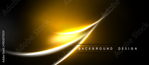Abstract golden lines over black background. Dynamic curves create modern visual effect. Brightness contrasts, elegant design elements.