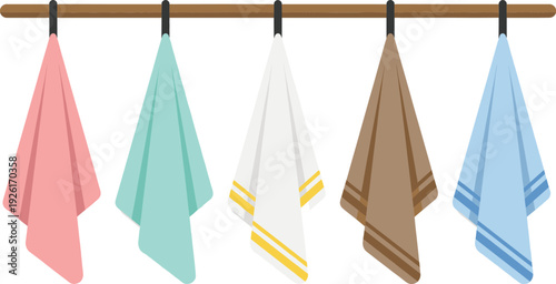 Colorful Hanging Kitchen Towels on Wooden Rack Vector Illustration with Striped Fabric Textile Design Isolated on White Background