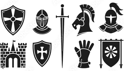 Knight icon set including shield, sword, helmet and castle silhouette illustration