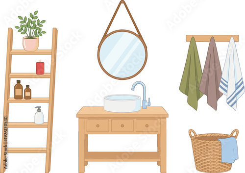 Modern Bathroom Interior Vector Illustration with Wooden Vanity Sink Round Mirror Towels Shelf Ladder and Laundry Basket Decor