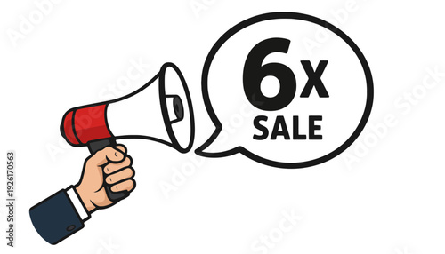 A megaphone illustration announcing a six times sale promotion loudly