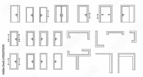 Collection of various door designs and architectural elements in a line drawing style.