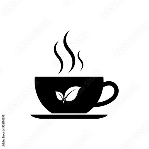 vector silhouette of steaming cup with tea leaf symbol, solid black
