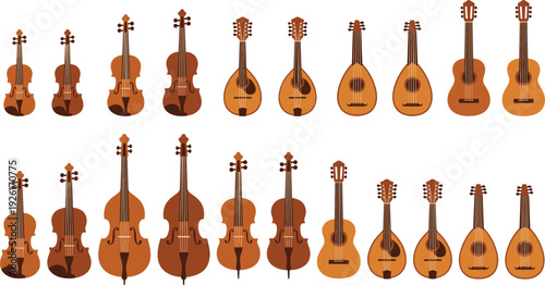 String Musical Instruments Collection Vector Illustration Featuring Violins Cellos Guitars Mandolins and Lutes Isolated on White Background