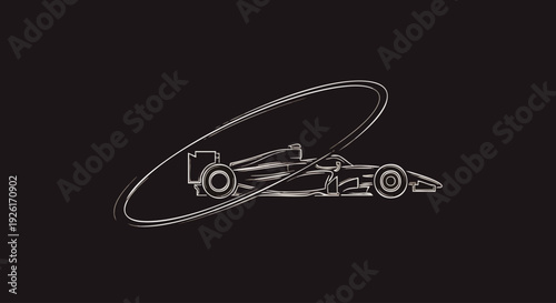 Minimalist line art drawing of a racing car with a circular motion trail on a black background