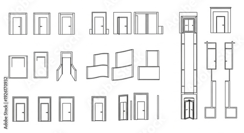 Architectural sketches of various doors, showcasing different designs and styles in a minimalist manner.