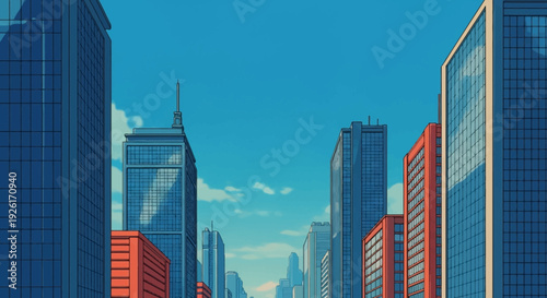 Urban Planning And City Development Cartoon Style Illustration Of Tall Buildings In A Modern Cityscape With Blue Sky And Architectural Design