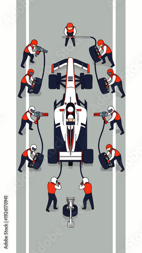 Pit stop: racing team changes tires on a race car from a top-down perspective