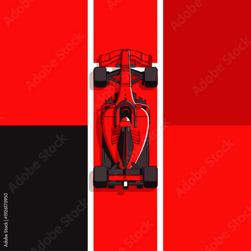 Top-down view of a sleek, red and black Formula race car on a vibrant red and black checkered background.