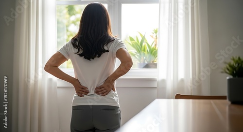 Free Download Woman experiencing back pain in a serene indoor setting - GFXLoad