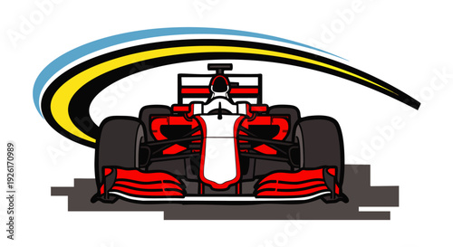 Front view of a sleek red and white Formula race car with a blue and yellow racing stripe overhead