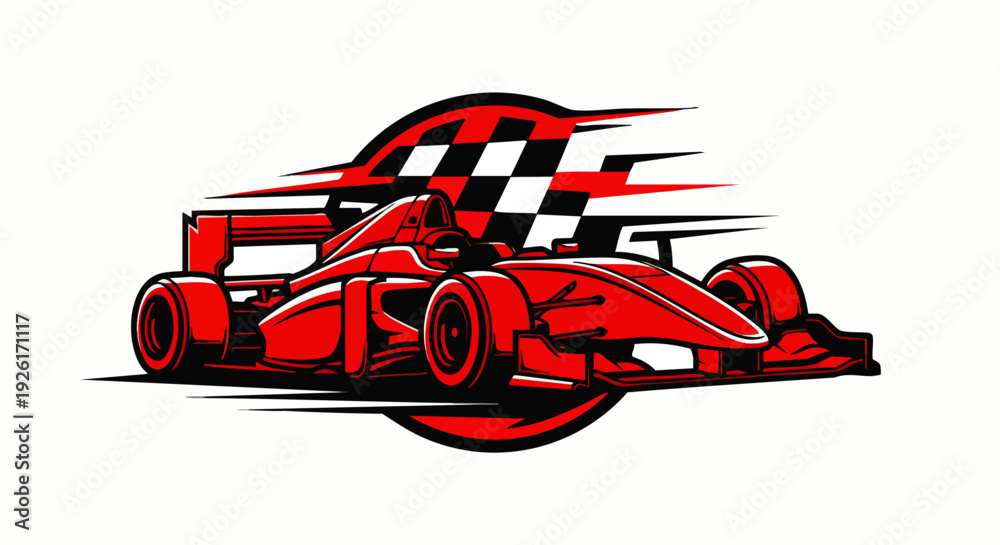 Fototapeta premium Dynamic Red Formula Race Car with Speed Lines and Checkered Flag - Action Sports Illustration