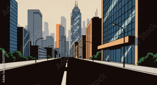 A modern city street leading toward tall skyscrapers clean road perspective glass buildings minimal vector illustration flat design calm atmosphere uncluttered composition