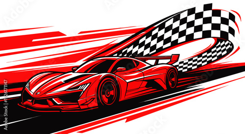 Dynamic red sports car racing with checkered flag and speed lines on a track, representing speed and competition