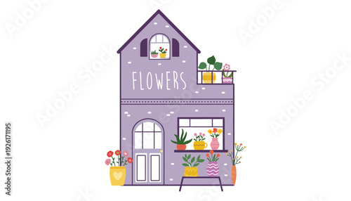 A flower shop illustration with a purple facade and potted plants