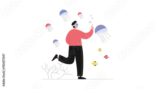 A man wearing virtual reality goggles interacts with colorful jellyfish and fish