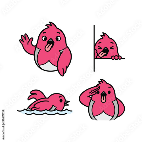 Cartoon bird in various distressed poses with comical expressions