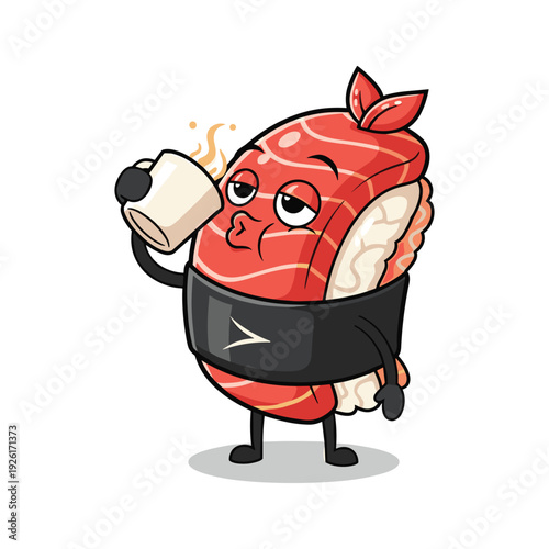Cartoon sushi character drinking coffee with a happy expression