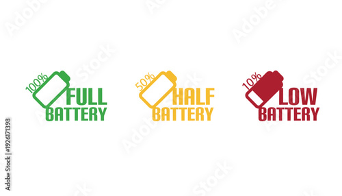 Battery icon set with full, half, and low charge levels