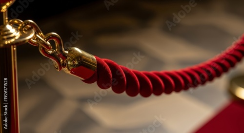 Red Velvet Rope with Brass Stanchion Closeup.