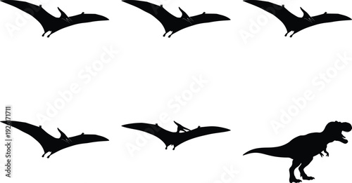 Six black silhouette pterodactyls and one Tyrannosaurus Rex in flight and standing, isolated on a white background.
