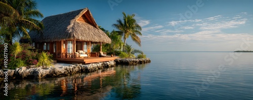 Romantic waterfront bungalow with wooden design, calm ocean view, premium travel destination