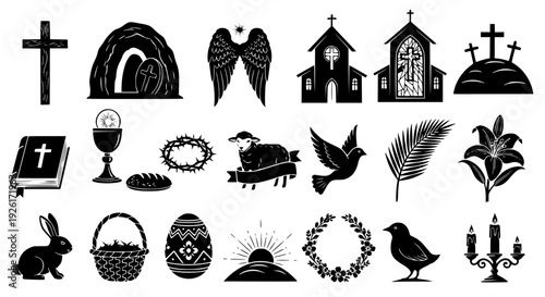 A comprehensive collection of traditional Christian Easter symbols and religious icons, perfect for spiritual designs and holiday celebrations, embodying renewal and hope