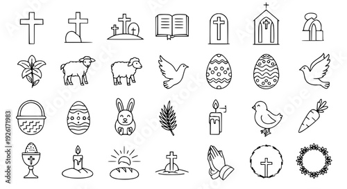 A comprehensive collection of outline icons representing various symbols of Easter and Christian traditions, perfect for seasonal designs, spiritual content, and holiday celebrations