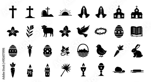 Collection of Christian and Easter-themed icons including crosses, churches, eggs, rabbits, lambs, and religious symbols for design and digital use