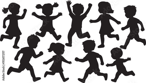 Happy children group of kids jumping running and playing together, active boys and girls collection silhouette vector set