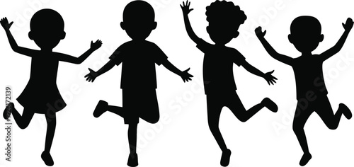 Happy children group of kids jumping running and playing together, active boys and girls collection silhouettes vector set