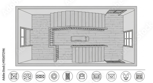 Detailed architectural sketch of a modern kitchen design with various appliances and features.