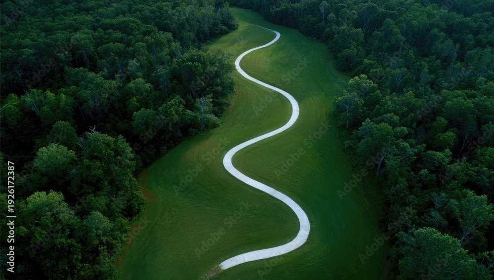 Obraz premium Aerial View of a Winding White Path Through a Lush Green Forest.