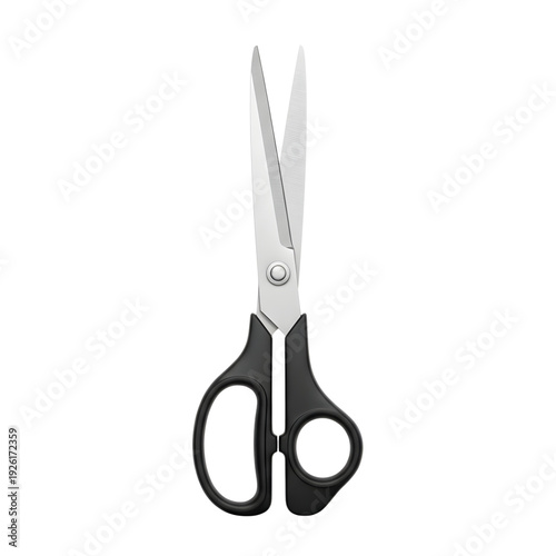 Sharp scissors with black handles and silver blades on a plain background viewed from front
